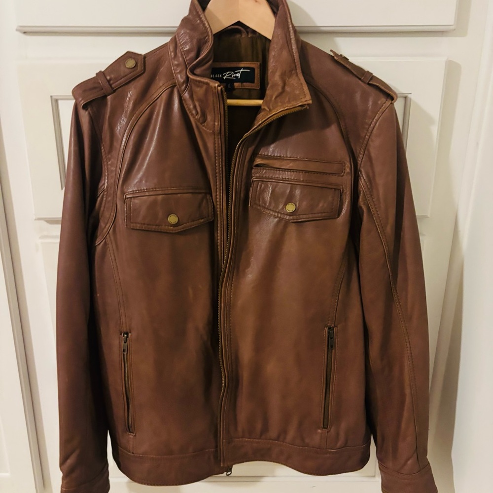Black Rivet Tan Leather Bomber Jacket
